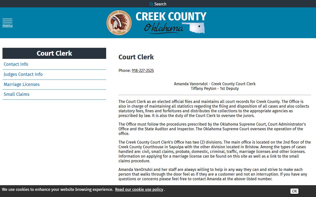 Creek County Court Clerk records page after jail arrest