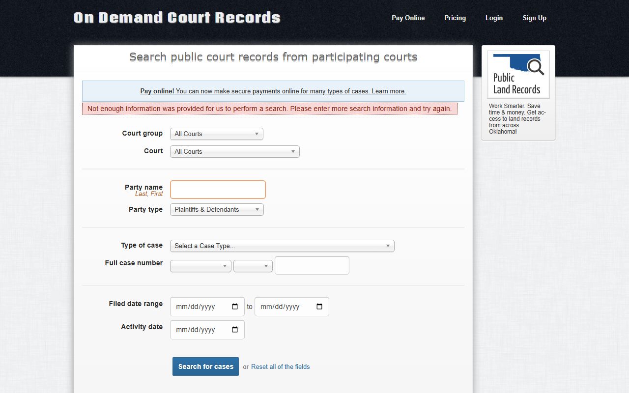 Creek County court records after arrest ODCR search interface