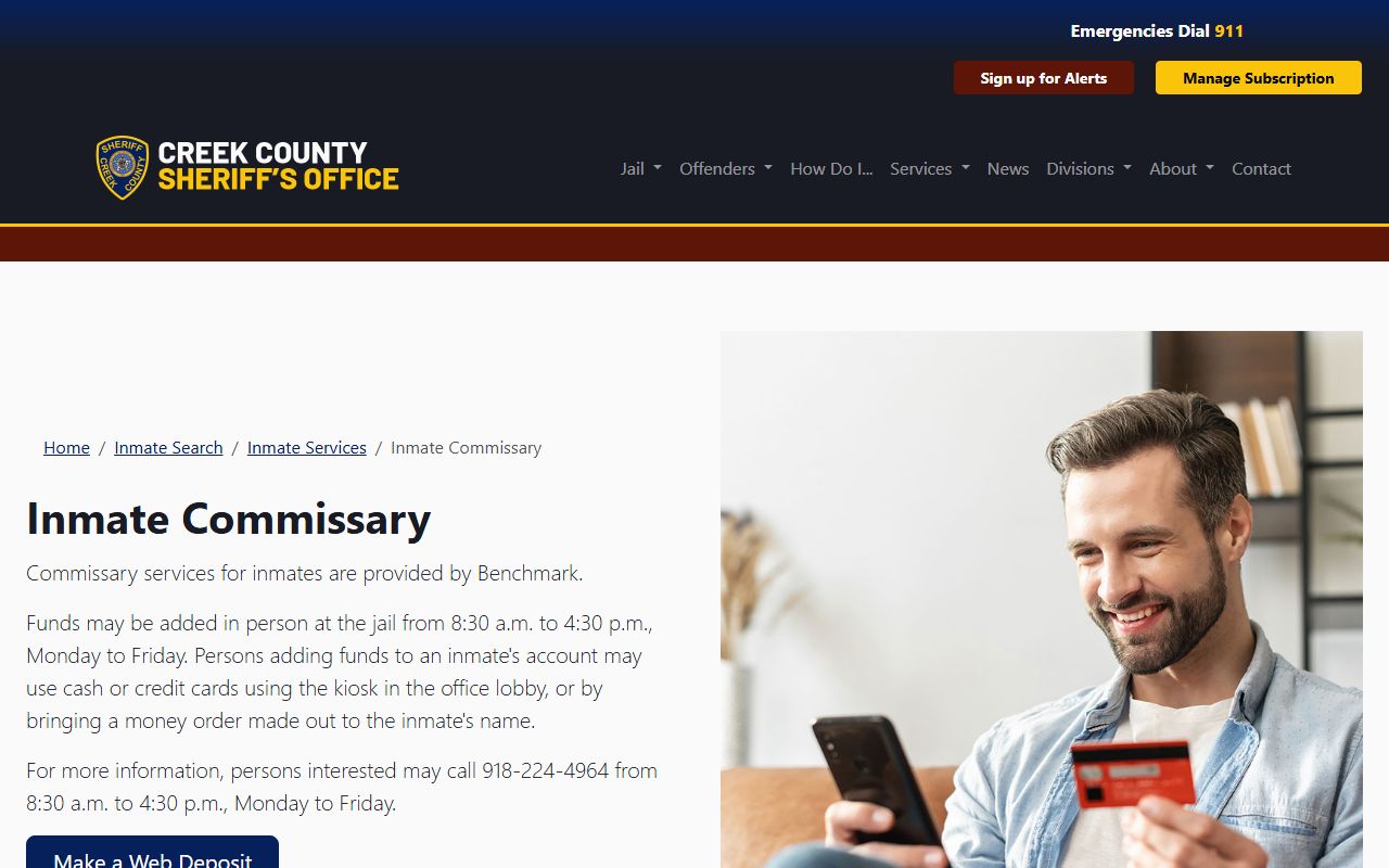 Creek County Jail Benchmark commissary deposit page for adult inmates
